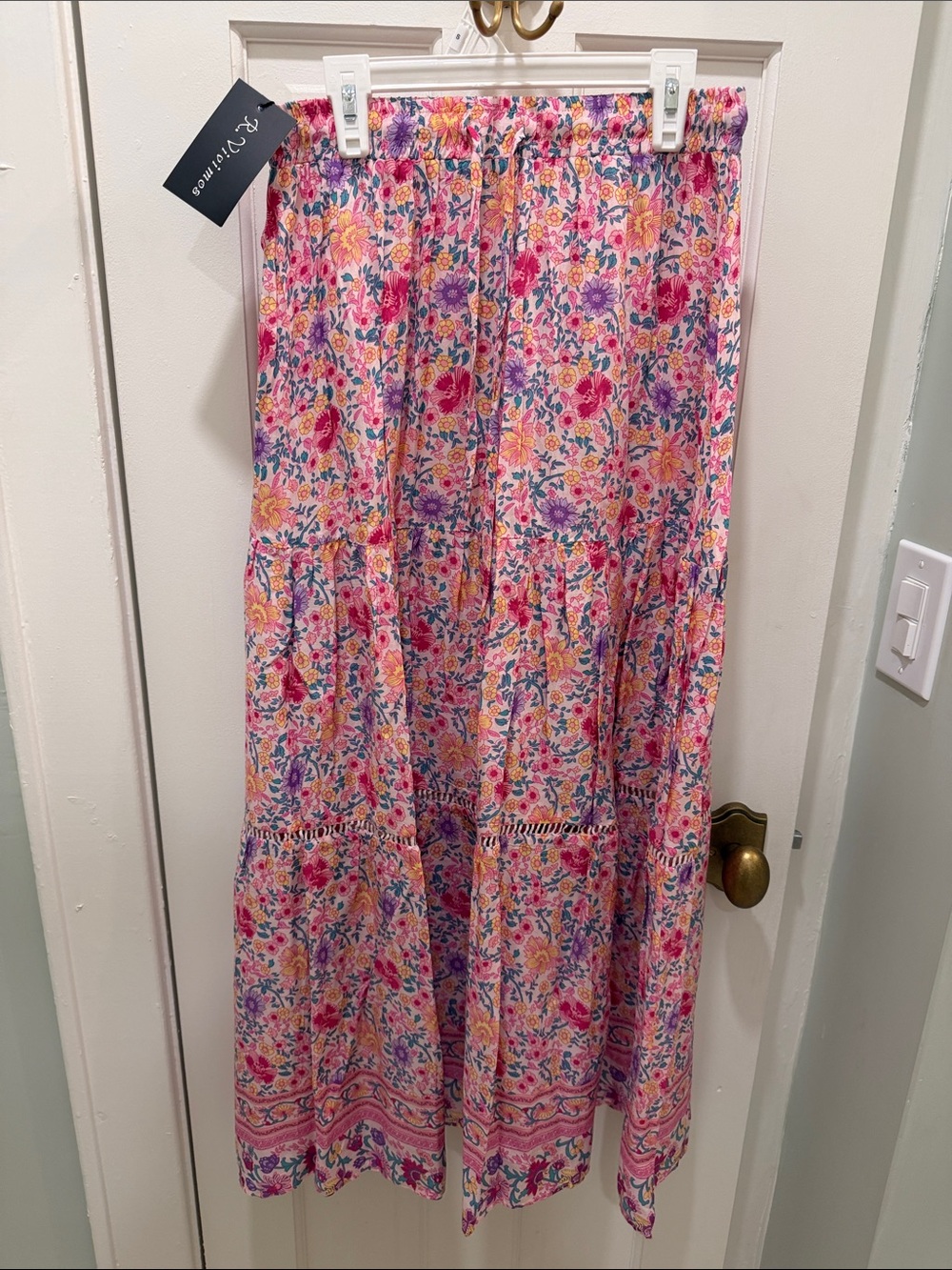 Boho Pink Floral Tiered Maxi Skirt with Drawstring Waist